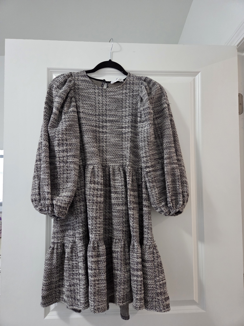 Mango Tweed Textured Puff-Sleeve Tiered Dress